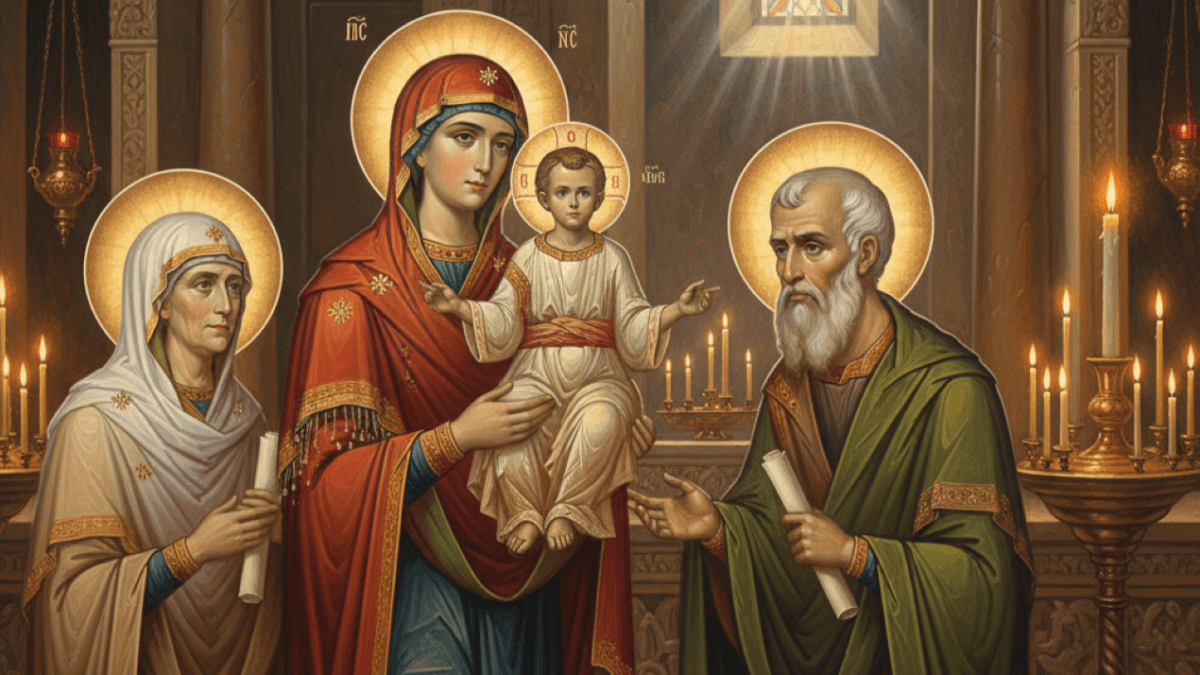 Ilustrație a sărbătorii Întâmpinarea Domnului cu Maica Domnului și Pruncul Iisus în Templu, lumânări aprinse, ziua de 2 februarie 2026