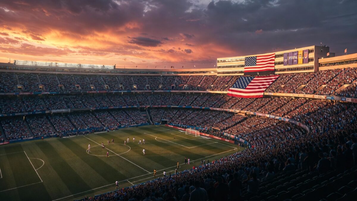 Vedere panoramică a unui stadion american modern pregătit pentru Cupa Mondială 2026.