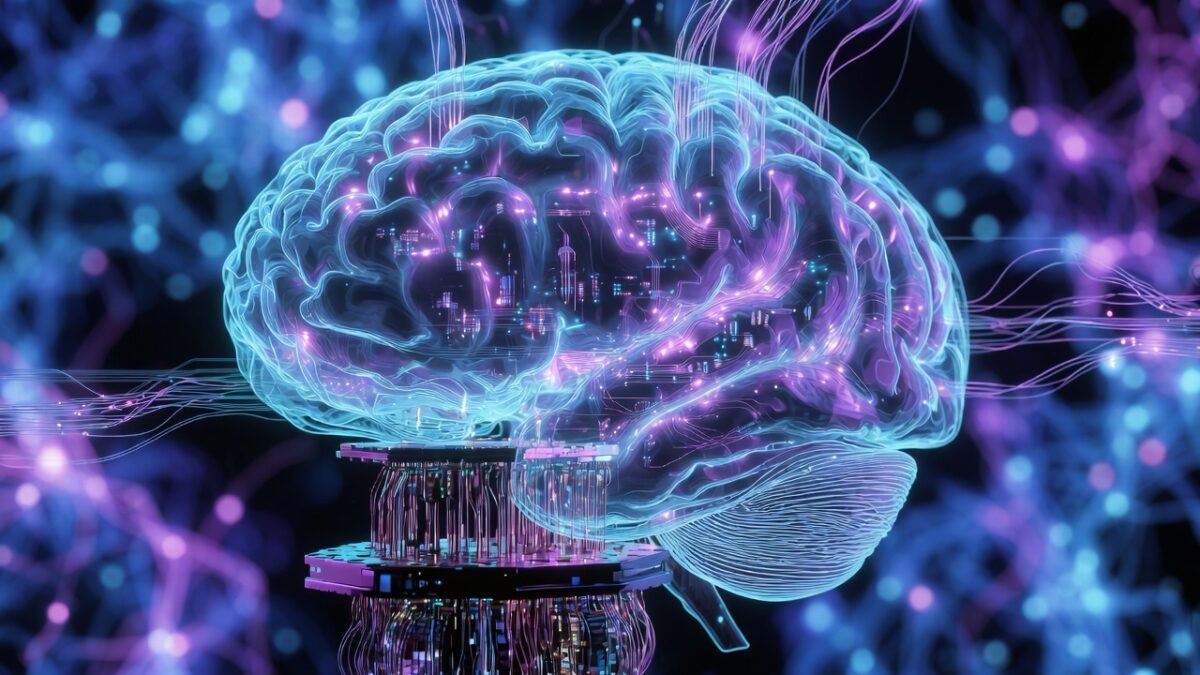 Creier stilizat ca un computer cuantic, cu circuite și particule luminoase, simbolizând conștiința umană și neuroștiința.