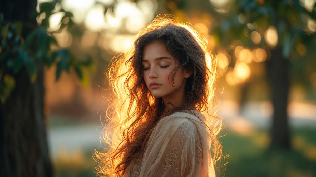 Femeie tânără stând în natură cu ochii închiși, lumină aurie înconjurând-o simbolizând aura luminoasă