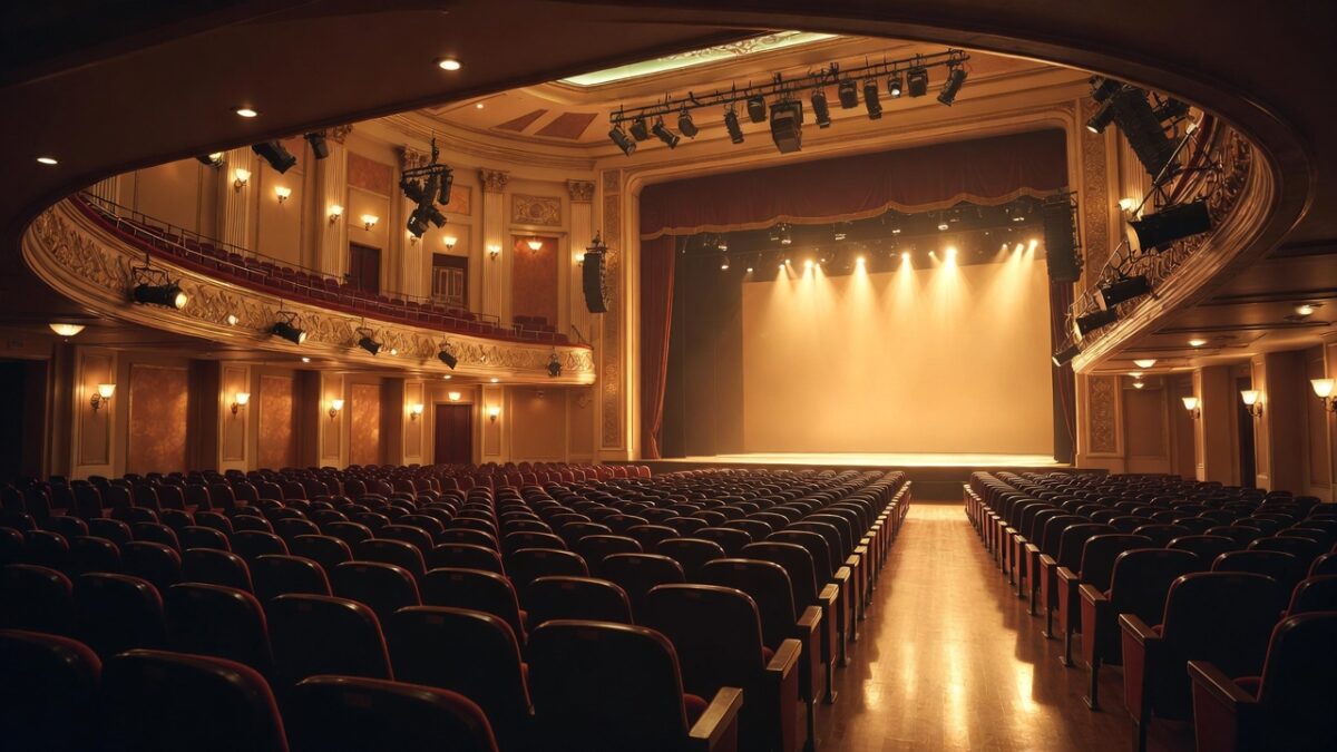 Sala de teatru cu scena iluminată și simboluri ale premiilor culturale