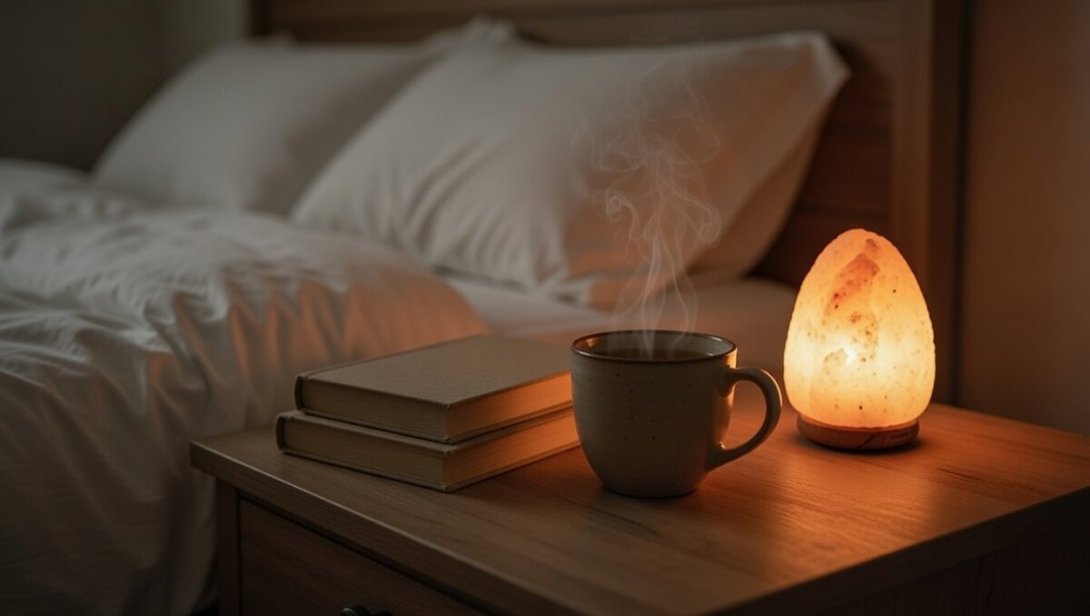 O cană de ceai aburind lângă o carte deschisă și o lumânare aprinsă, pe o pătură moale.