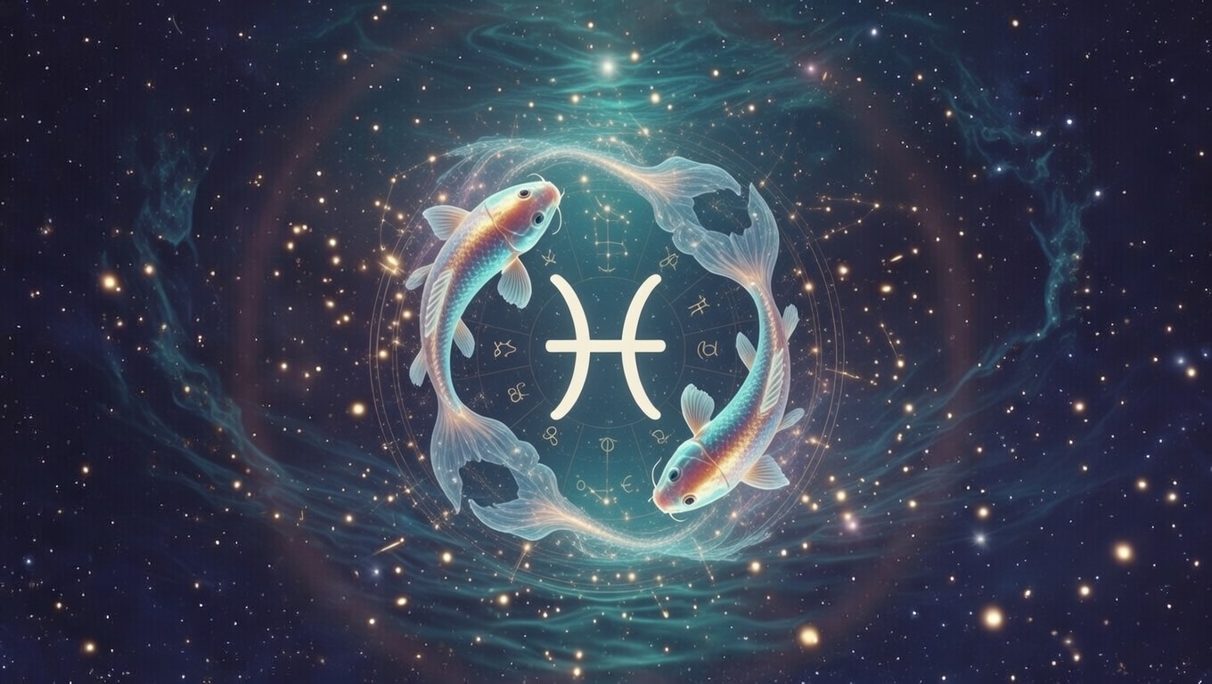 Reprezentare artistică a zodiei Pești în culori acvatice și simboluri cerești.