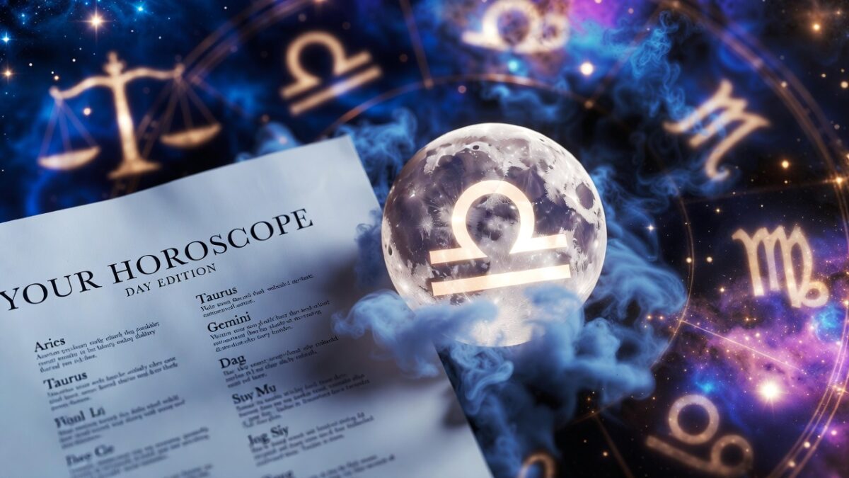 Simboluri zodiacale și Lună în Balanță pe fundal cosmic pentru horoscop 4 martie 2026