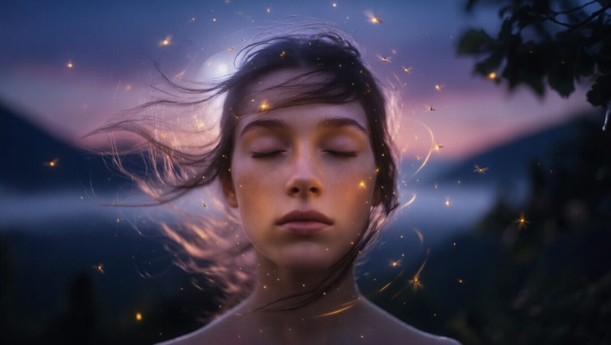 O persoană meditând într-o grădină luminoasă, cu o aură subtilă de lumină colorată și particule de energie plutind în jurul ei.