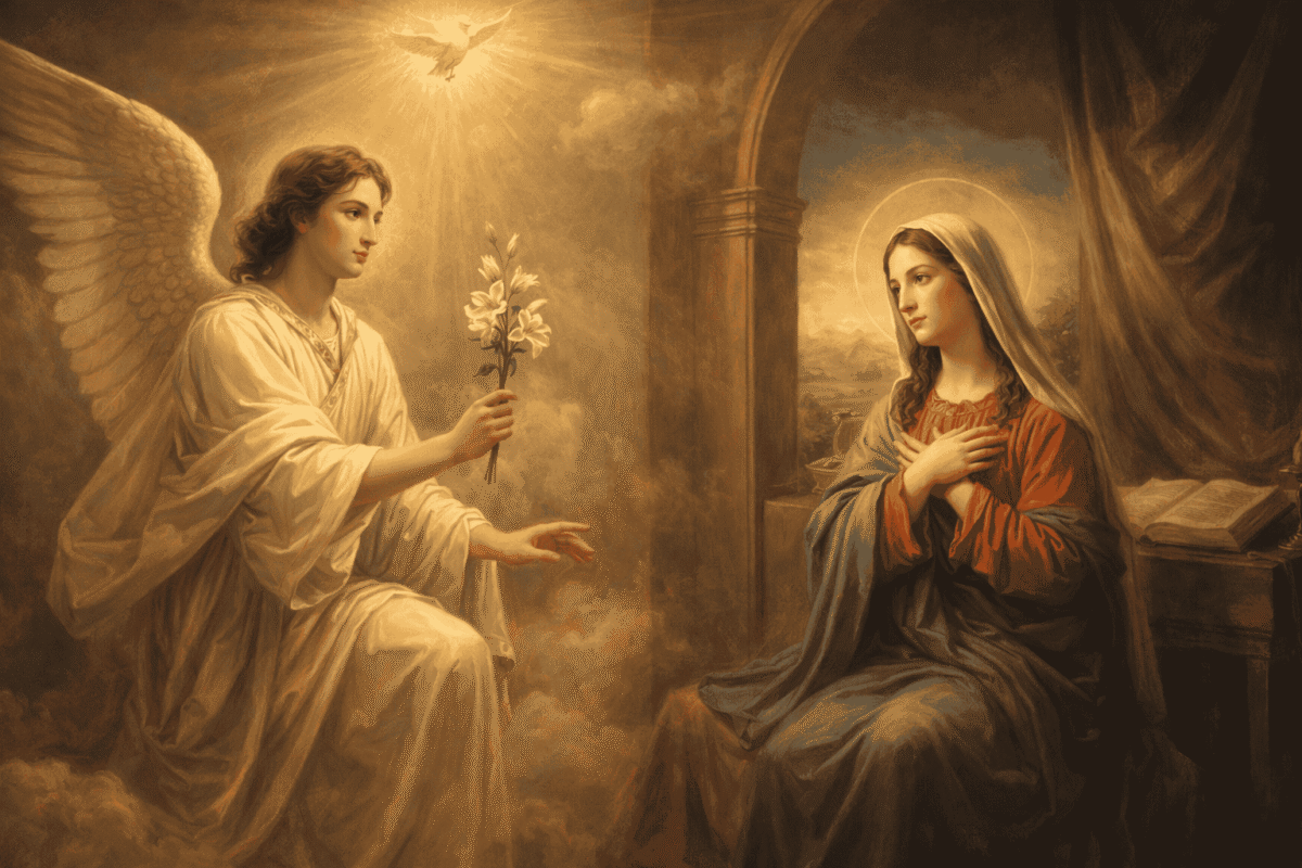 Buna Vestire reprezentare Arhanghelul Gavriil și Fecioara Maria
