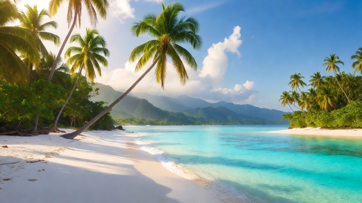 O plajă exotică din Republica Dominicană cu palmieri, nisip alb și apă turcoaz, sub un cer senin.