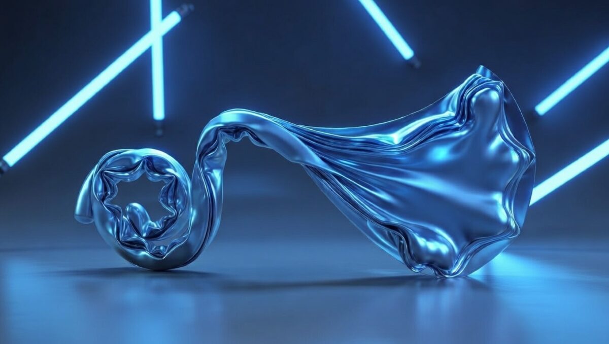 Obiect imprimat 3D cu material inteligent care își schimbă forma sub lumină UV, pe fundal tehno-futurist