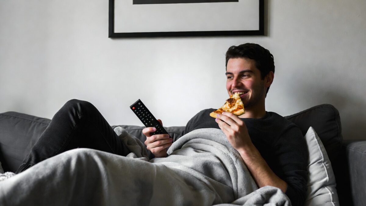 Om leneș pe canapea cu telecomanda, pizza și pătură, zâmbind relaxat