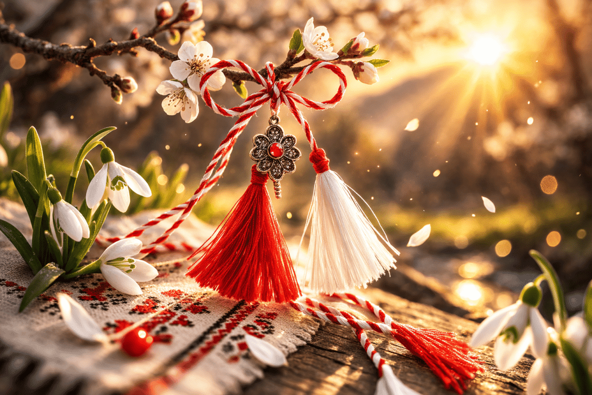 Mărțișor tradițional românesc cu șnur alb-roșu și figurină floare, pe ramuri înflorite de primăvară