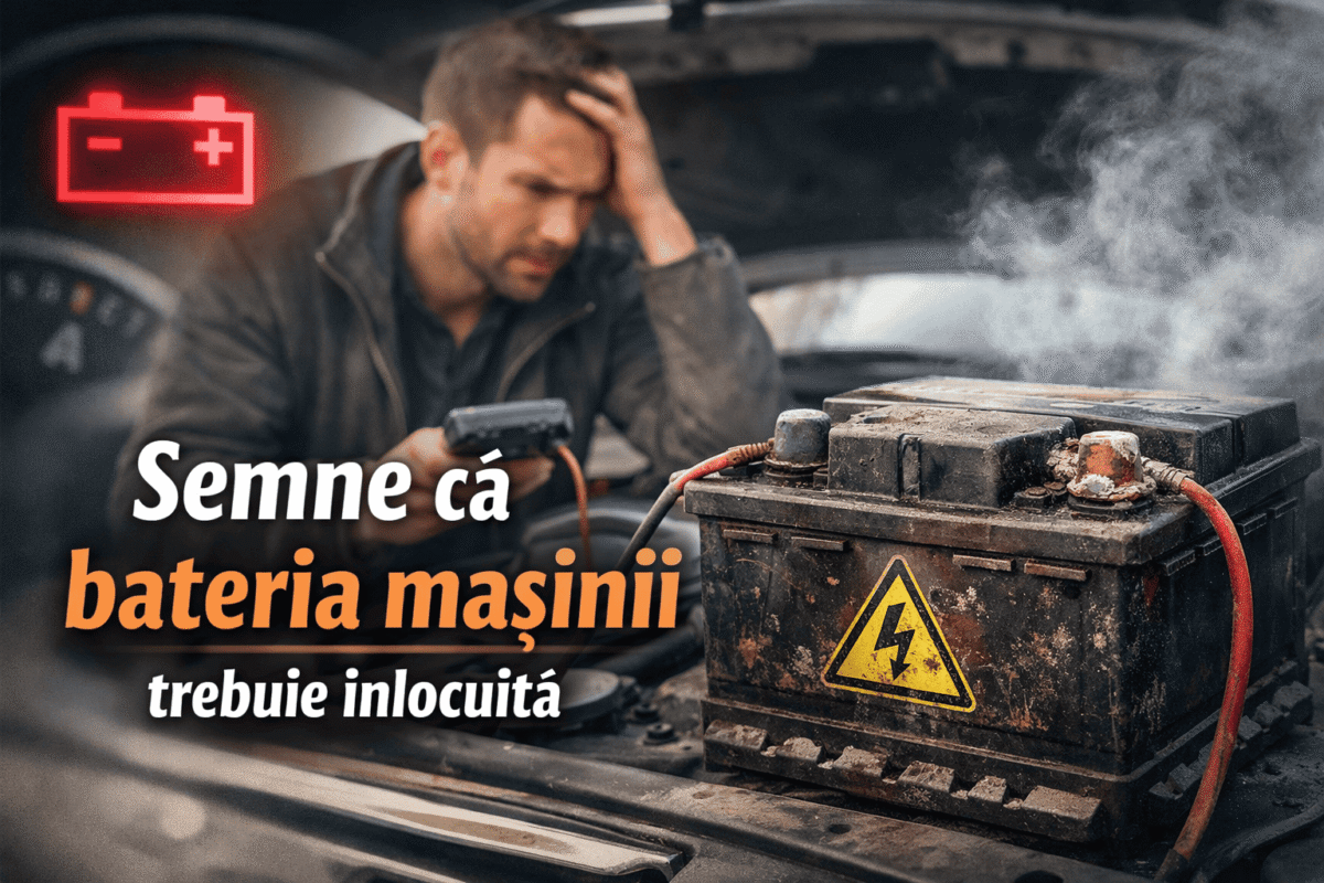 Un șofer verificând bateria mașinii sub capotă cu un multimetru, într-o zi rece de dimineață.