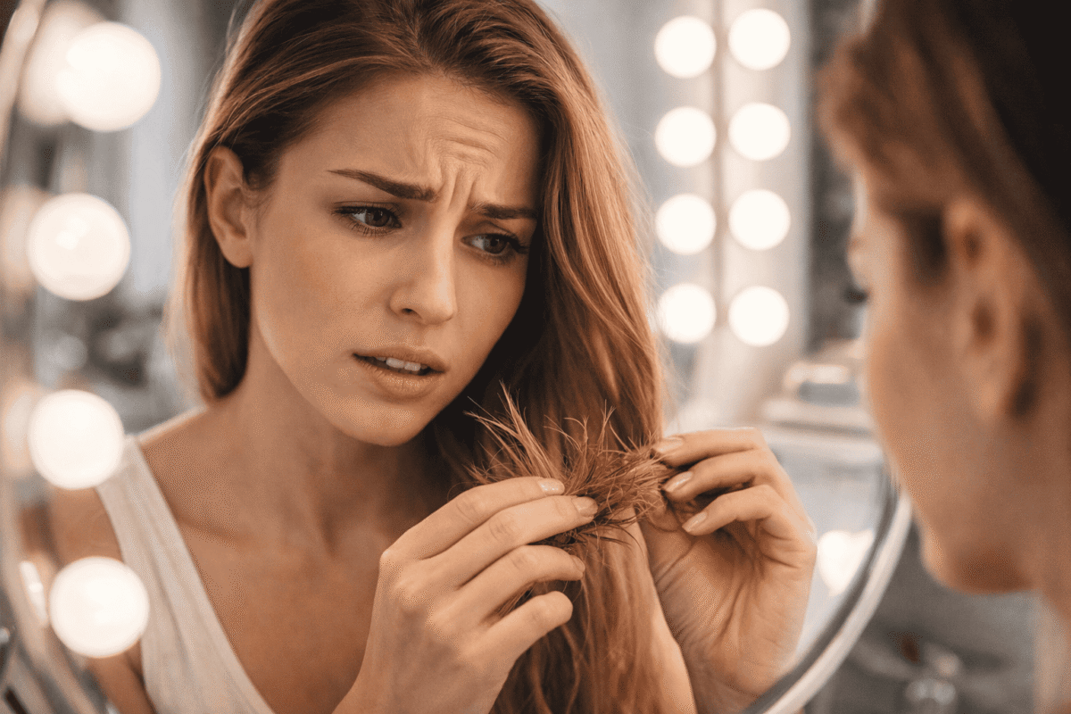 O femeie verificându-și vârfurile despicate ale părului în fața unei oglinzi luminoase, cu o expresie de îngrijorare.