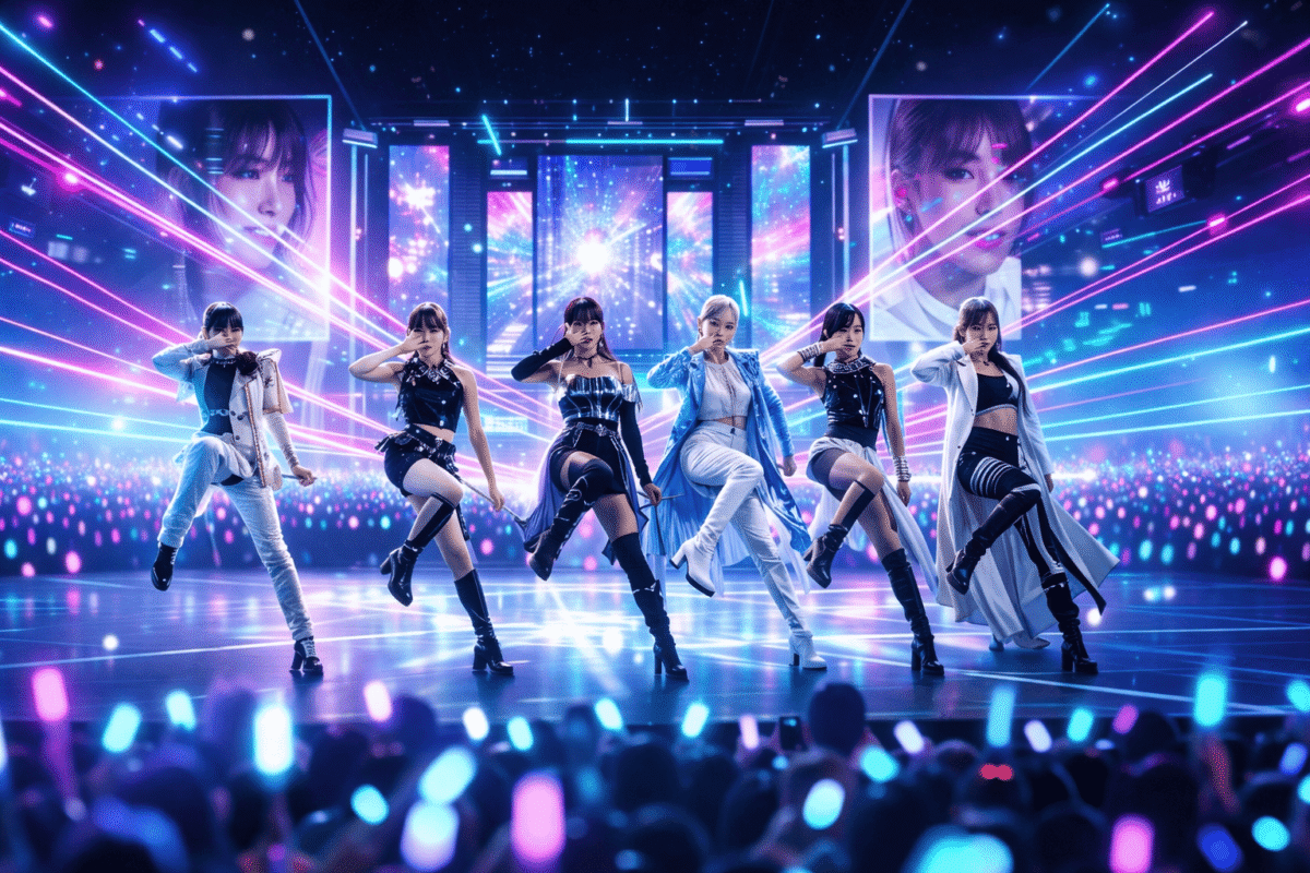 Un grup de idoli K-pop performând pe o scenă futuristă cu lumini neon și ecrane holografice, în fața unei mulțimi de fani cu lightsticks aprinse.