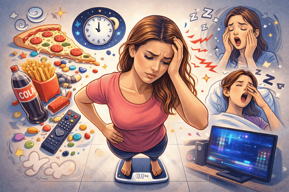O persoană stând îngrijorată pe un cântar, înconjurată de alimente nesănătoase