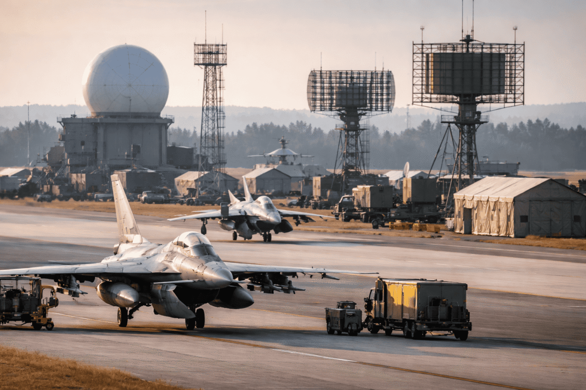 Bază militară cu avioane și echipamente radar, simbolizând cooperarea militară internațională