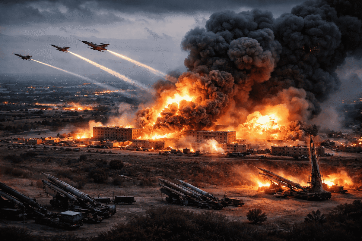 Imagine ilustrativă cu bombardamente și infrastructură militară în Orientul Mijlociu