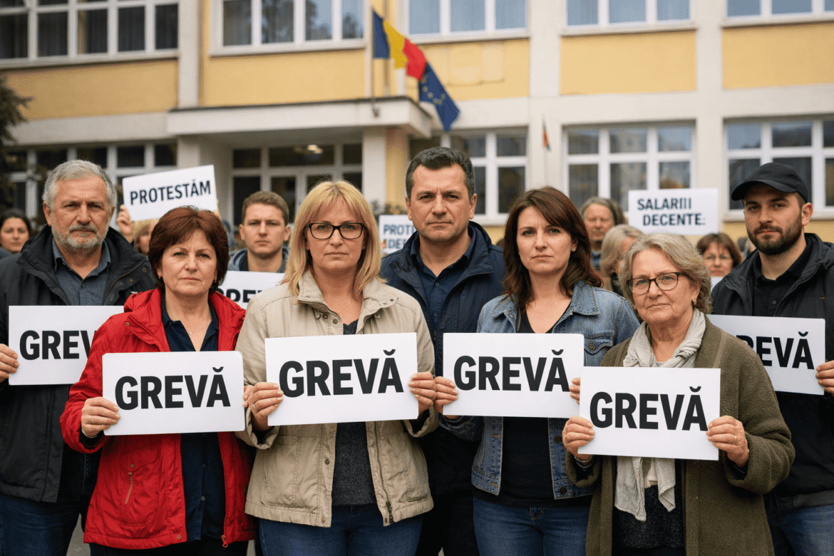 Cadre didactice în fața unei școli, cu pancarte sindicale
