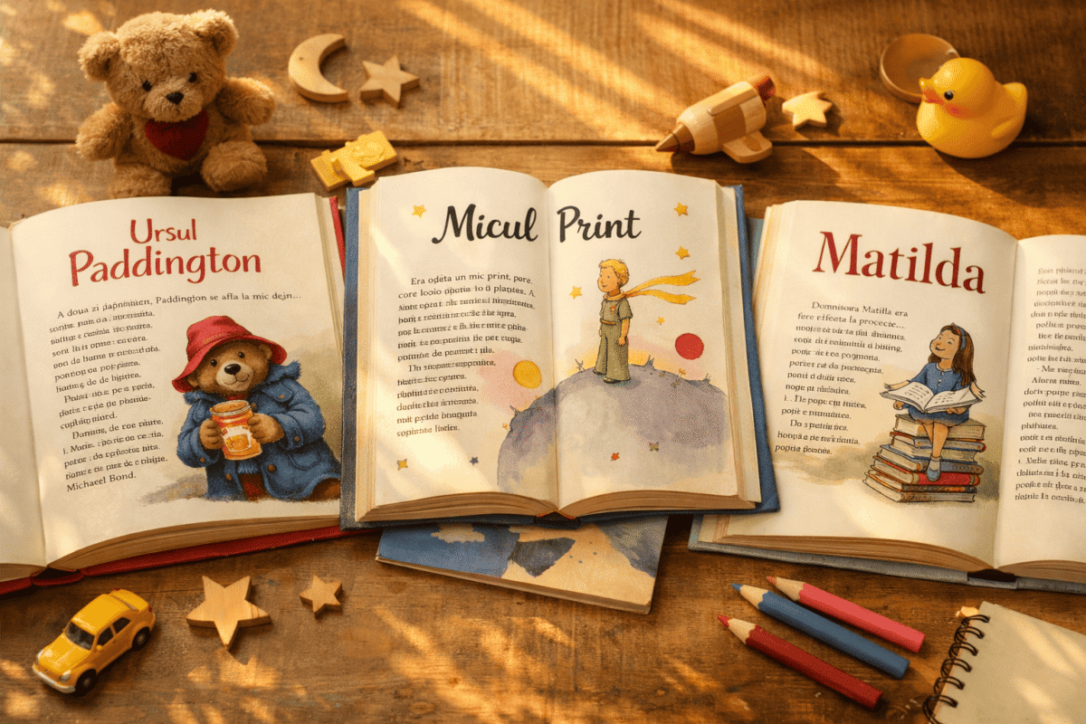 Trei cărți deschise pe o masă de lemn – Paddington, Micul Prinț și Matilda – cu lumină caldă și un ursuleț de pluș alături