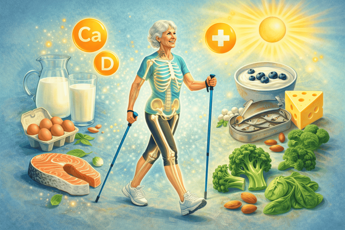 Siluetă de femeie senioare activă, cu coloană vertebrală sănătoasă evidențiată și alimente bogate în calciu și vitamina D