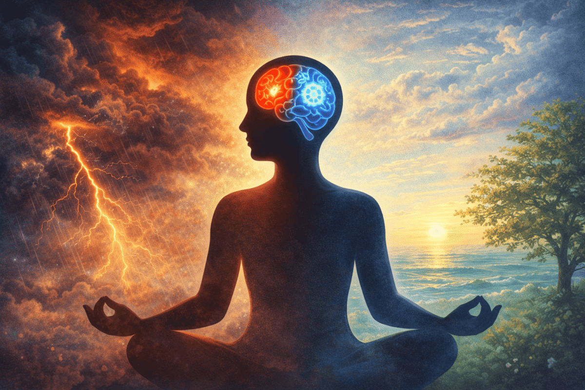 Siluetă calmă de om în meditație, cu creierul evidențiat și elemente de calm vs furtună interioară