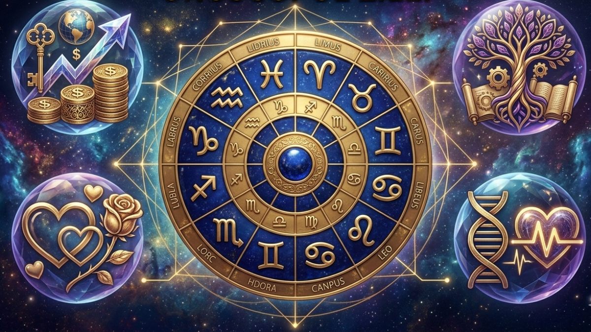 Reprezentare grafică a cerului înstelat cu simbolurile celor 12 zodii iluminate.