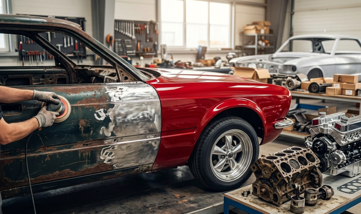Imagine detaliată cu procesul de restaurare a unei mașini clasice într-un atelier profesional, evidențiind contrastul dintre componentele vechi și cele recondiționate.