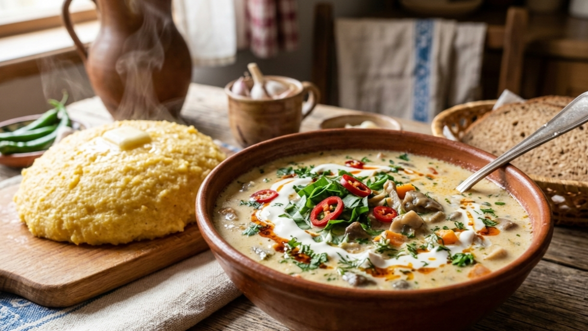 Ciorbă de burtă falsă din ciuperci de post, aburindă, cu smântână, usturoi și ardei iute, alături de mămăligă și verdeață