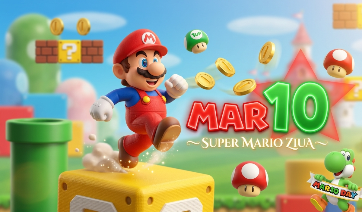 Imagine festivă cu Super Mario înconjurat de elemente iconice precum blocuri cu semnul întrebării, ciuperci și monede de aur, pe un fundal vibrant.
