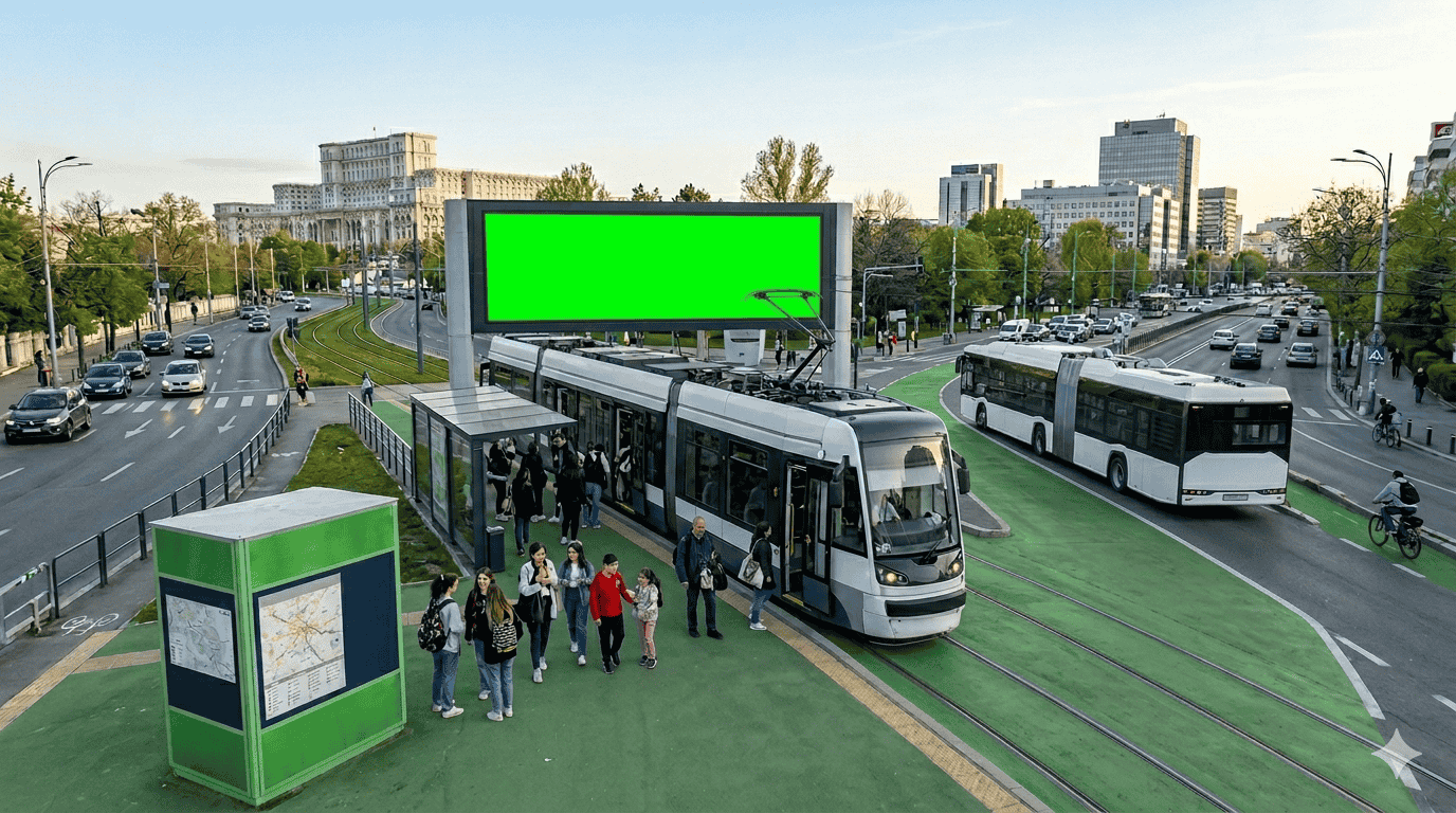 Imagine aeriană deasupra unui bulevard aglomerat din București, cu o bandă dedicată pentru autobuze, tramvaie moderne și autovehicule, ilustrând impactul mobilității urbane.