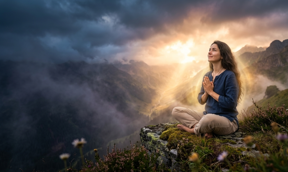 O persoană stând în meditație la răsărit, într-un peisaj montan mistic, ilustrând trezirea spirituală și tranziția de la întuneric la lumină.