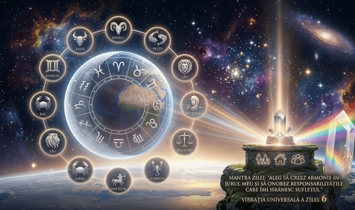 Reprezentare estetică a semnelor zodiacale pe un fundal cosmic de noapte, cu nebuloase colorate și stele strălucitoare, sugerând misticism și previziuni astrologice.