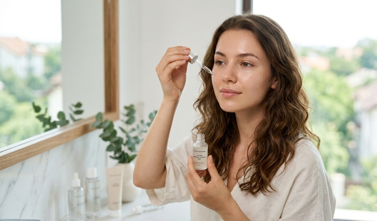 O femeie tânără aplicând ser facial cu pipeta, ilustrând conceptul de prejuvenation și îngrijire preventivă a tenului într-o lumină naturală, estetică.