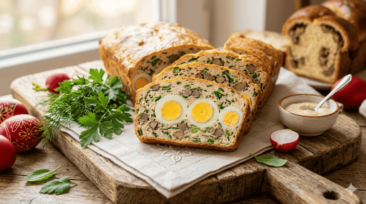 Felie de drob de pui cu ou fiert la mijloc, decorată cu frunze de pătrunjel și ridichi pe o farfurie albă.