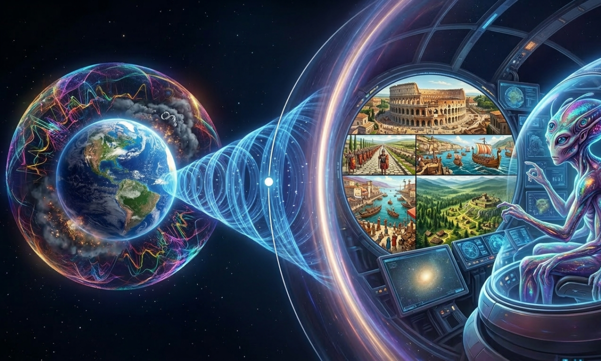 Reprezentare grafică a Pământului văzut din spațiu, cu o suprapunere a Romei antice și o rază de lumină care străbate galaxia.