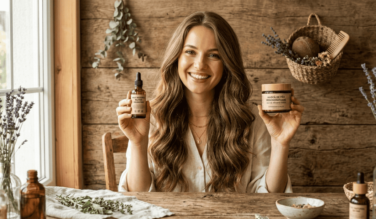 Femeie cu păr lung strălucitor și sănătos, ținând sticle cu uleiuri naturale și o mască de păr pe fundal lemn