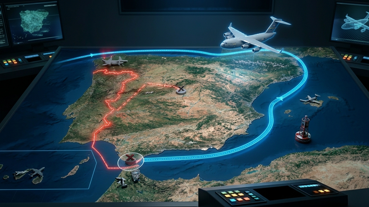 Avion militar de transport survolând coasta Spaniei, ilustrând blocajul aerian impus de Madrid forțelor SUA.
