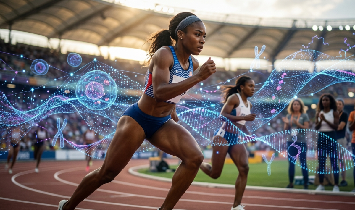 O atletă pe linia de start și o reprezentare grafică a unui lanț ADN în fundal.