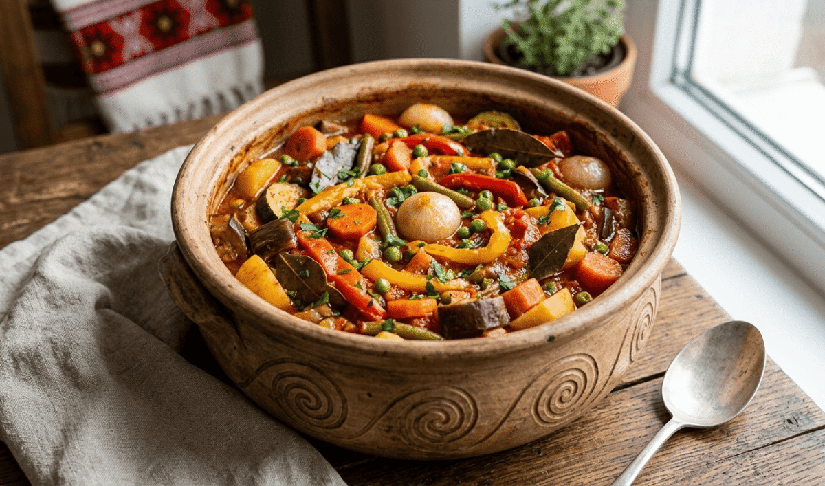 O oală tradițională din ceramică umplută cu un ghiveci de legume colorat și bogat, decorat cu pătrunjel proaspăt pe o masă rustică de lemn.