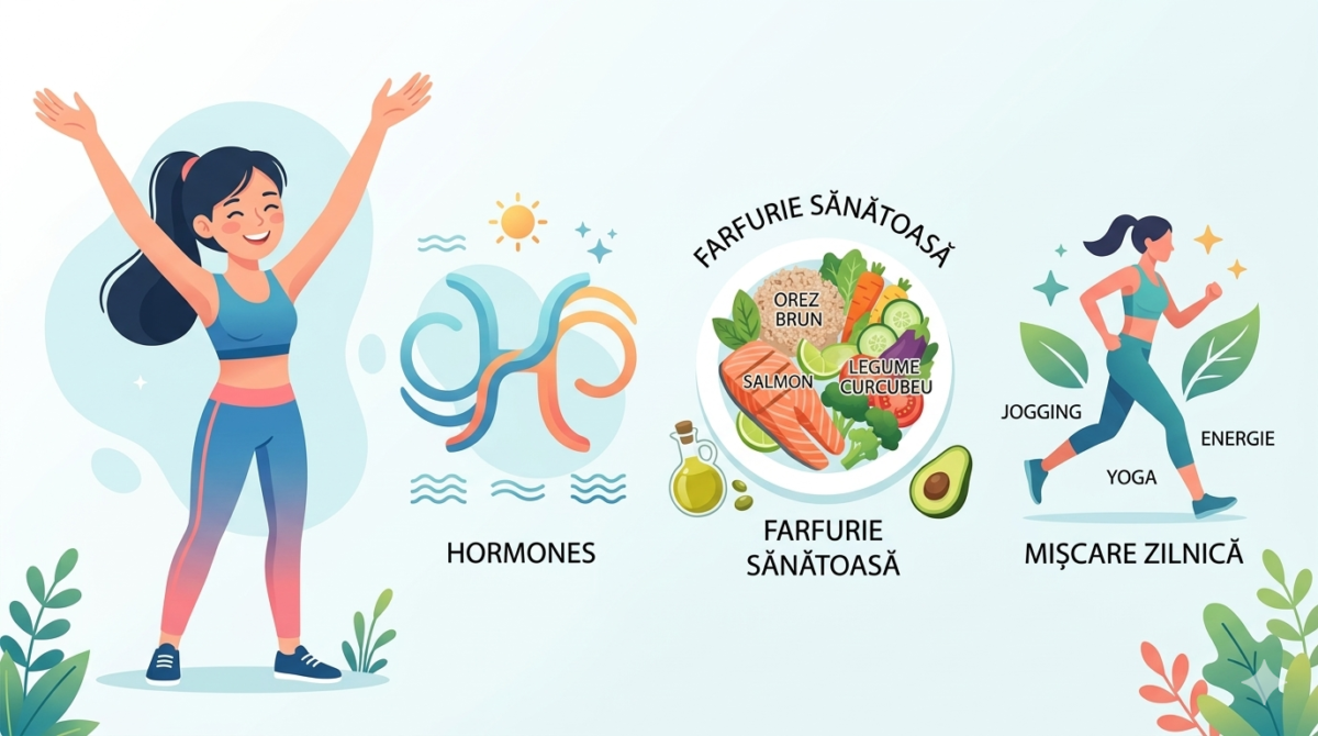 Ilustrație simplă cu o femeie tânără, simboluri hormonale echilibrate, farfurie sănătoasă și mișcare