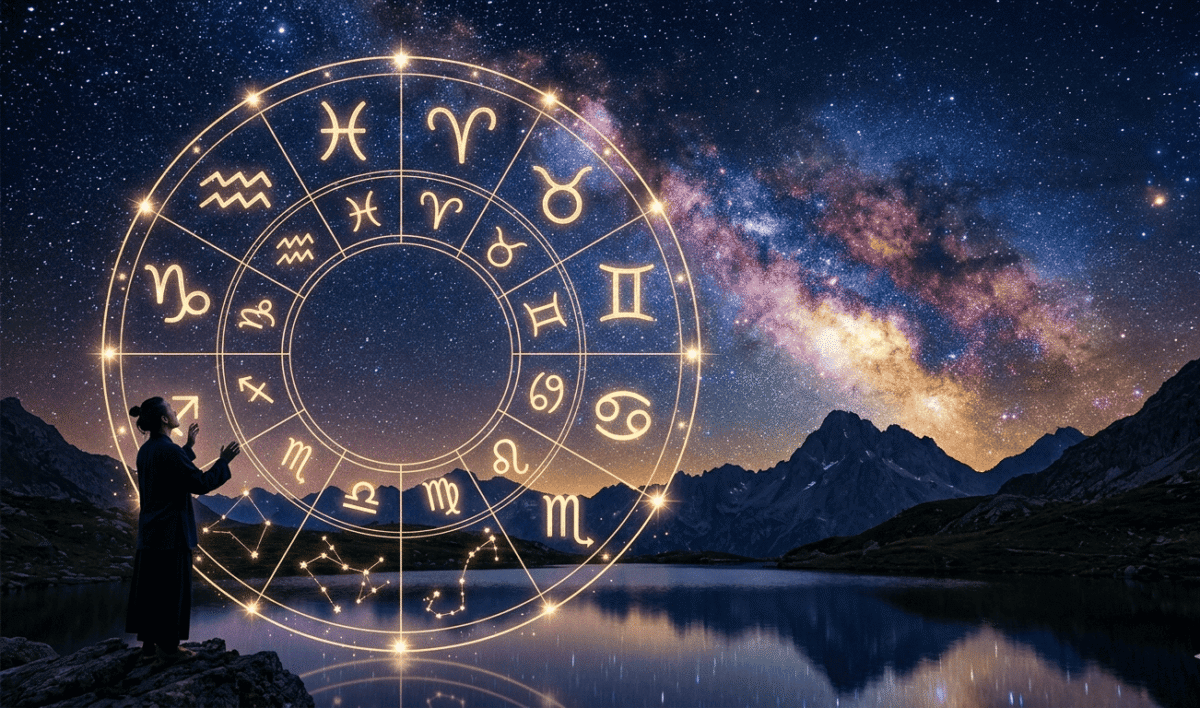 Cer înstelat cu simboluri zodiacale ilustrate discret
