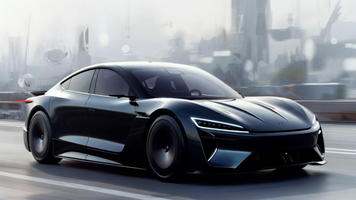 Concept futurist de berlină electrică cu forme organice bio-inspirate și fluxuri de aer evidențiate neon