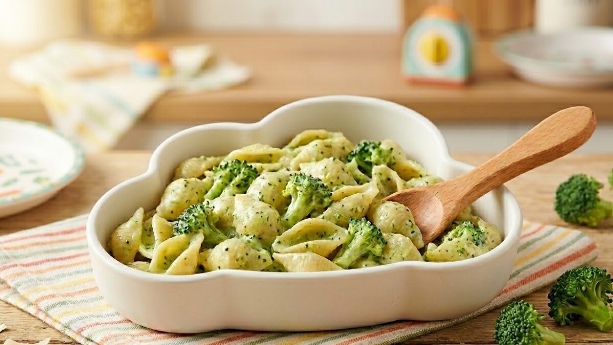 O farfurie colorată cu paste fundiță (farfalle) acoperite de un sos cremos de culoare verde deschis, cu bucățele moi de broccoli integrate, presărată cu parmezan ras, pe o masă de lemn, cu o lingură mică pentru copii alături.