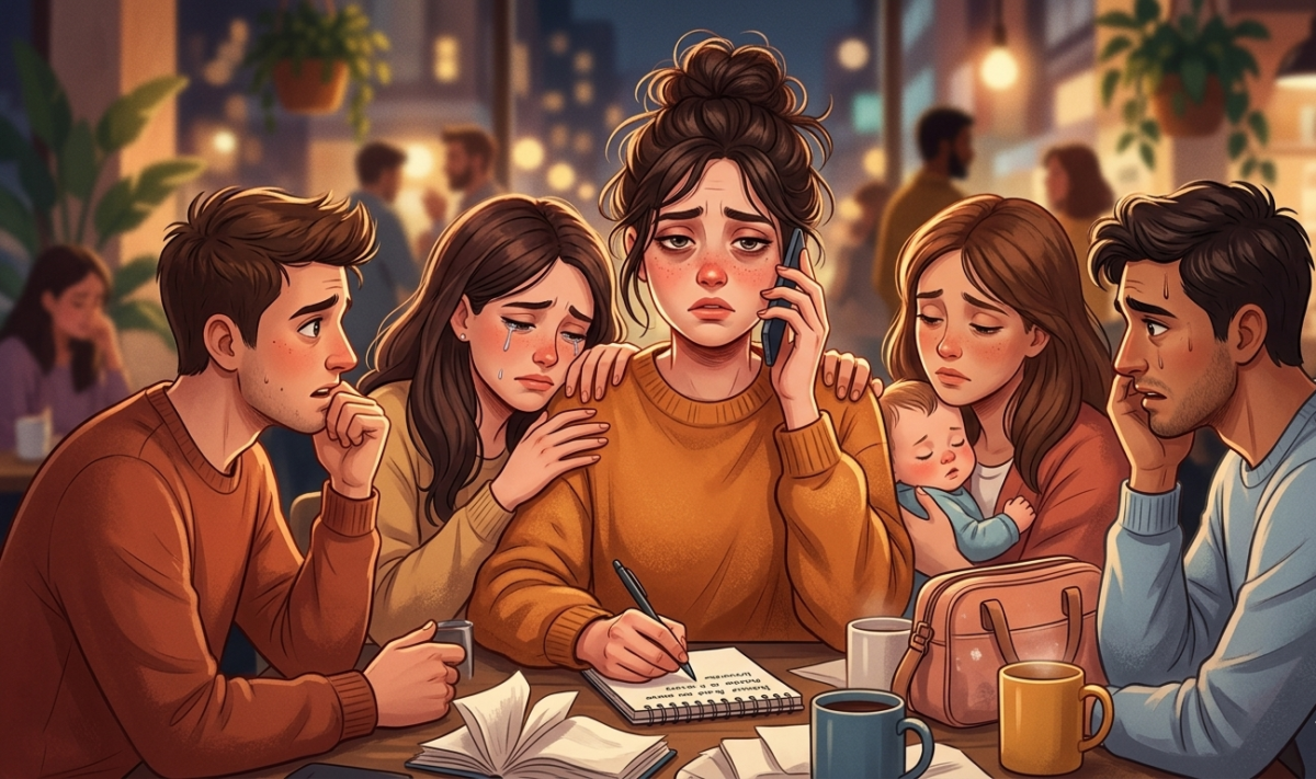 Persoană copleșită de Sindromul salvatorului, ilustrând epuizarea emoțională și stresul de a rezolva problemele tuturor.