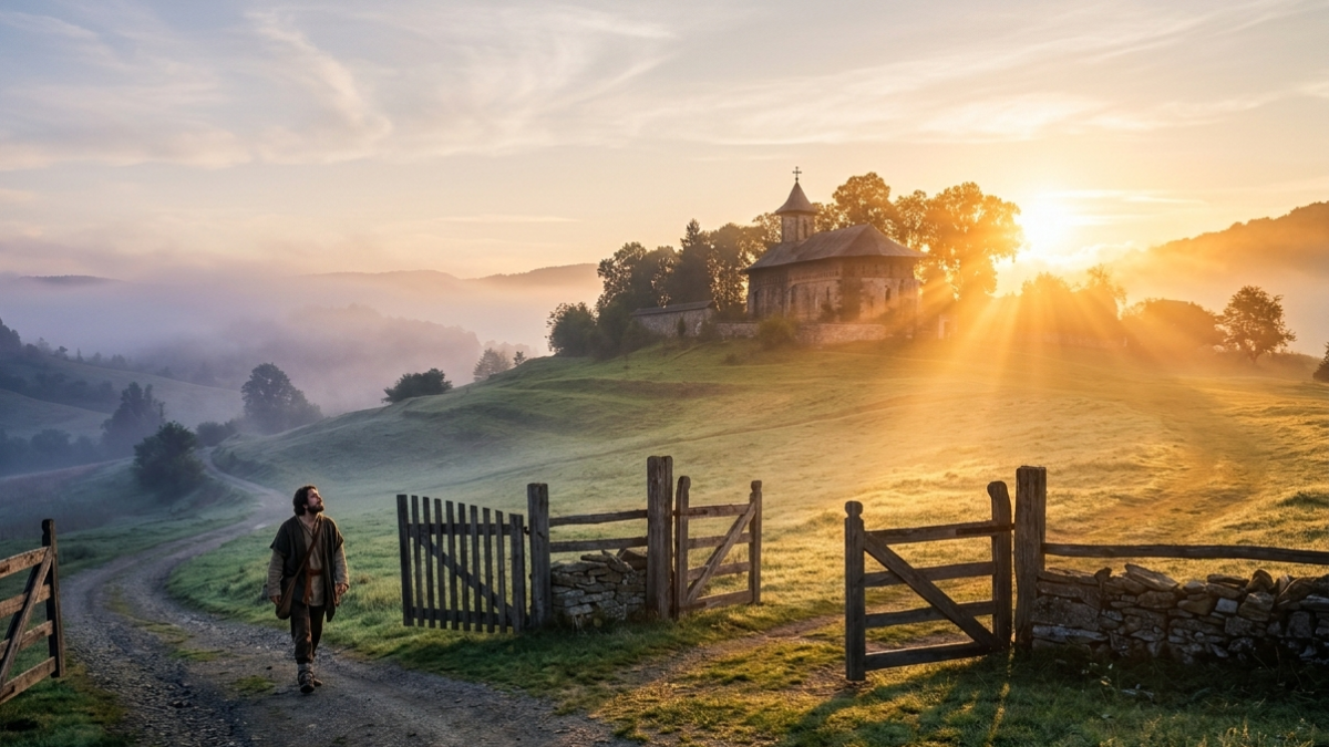 „Om mergând spre o biserică în răsărit de soare, simbolizând căutarea spirituală în Duminica Tomii”