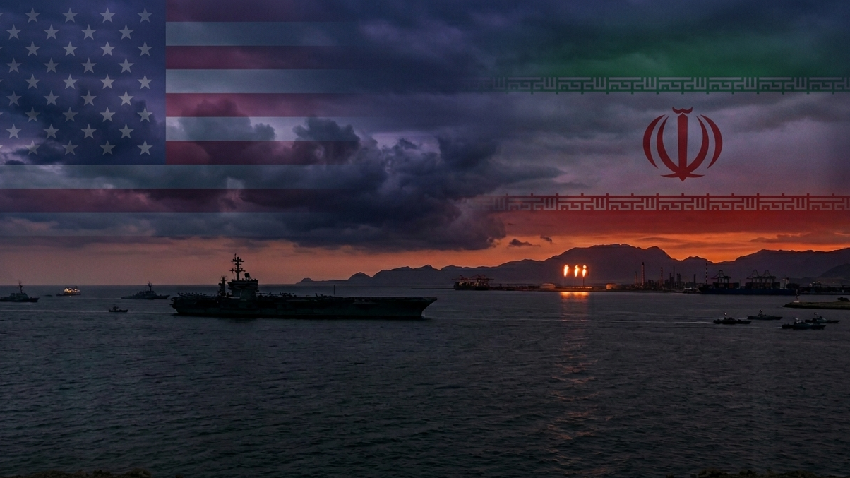 Vedere panoramică asupra Strâmtorii Ormuz cu nave militare și steagurile SUA și Iranului suprapuse discret pe cer, simbolizând tensiunile geopolitice din aprilie 2026.