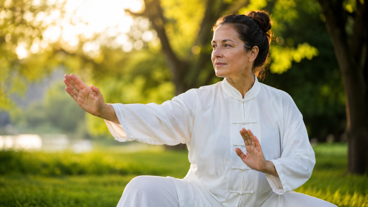 Femeie la 40 de ani practicând mișcări de Tai Chi în aer liber la răsărit pentru echilibru hormonal și sănătatea articulatiilor