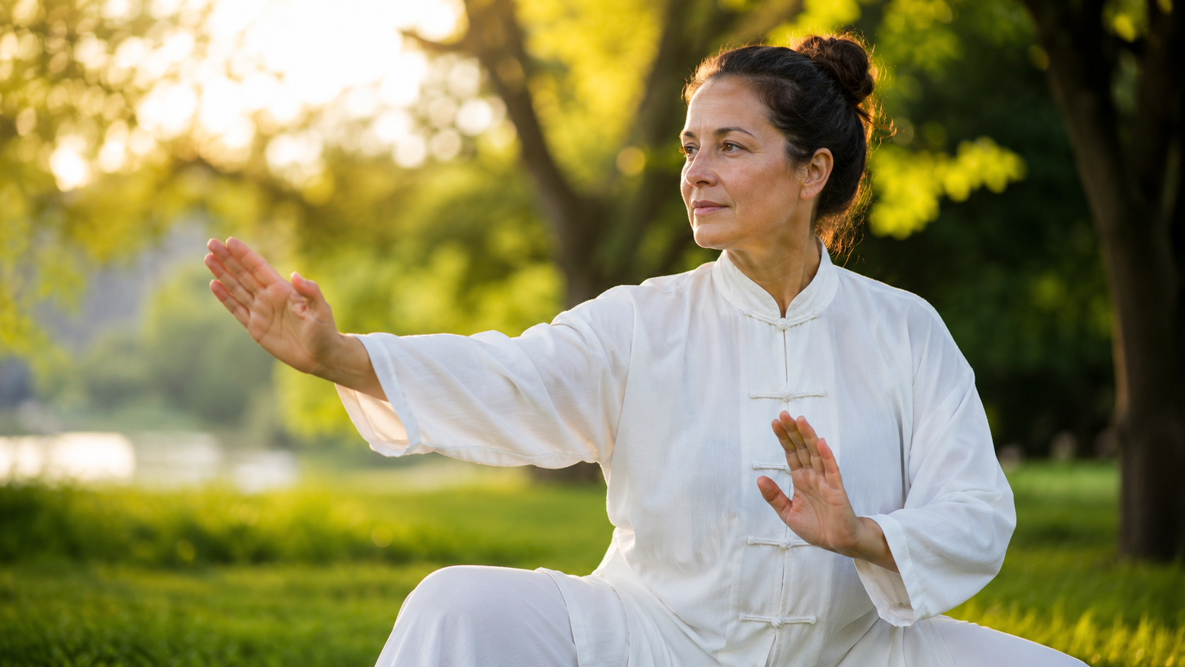 Femeie la 40 de ani practicând mișcări de Tai Chi în aer liber la răsărit pentru echilibru hormonal și sănătatea articulatiilor